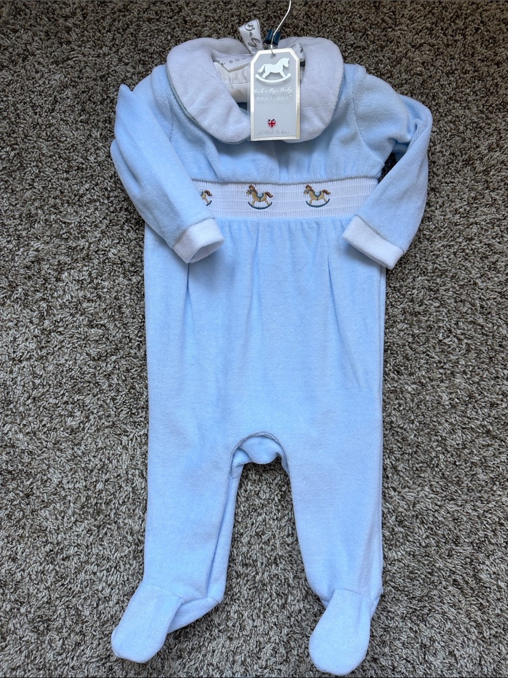 Sweet Rocking Horse Smocked Footed One-Piece - Light Blue